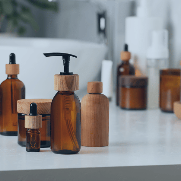 Skincare and hygiene products in a bathroom showcasing personal care