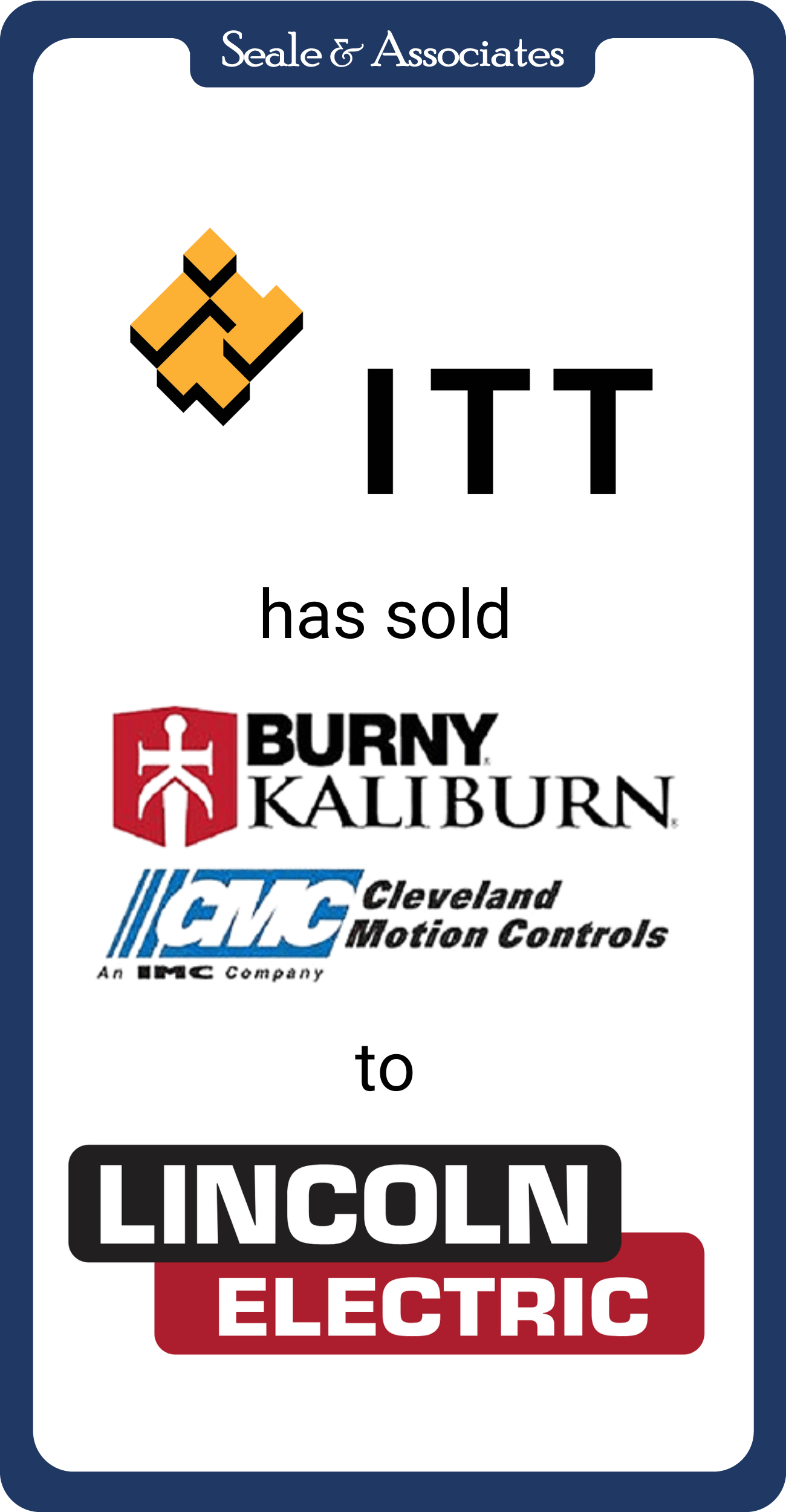 ITT has sold Burny Kaliburn and Cleveland Motion Control to Lincoln Electric